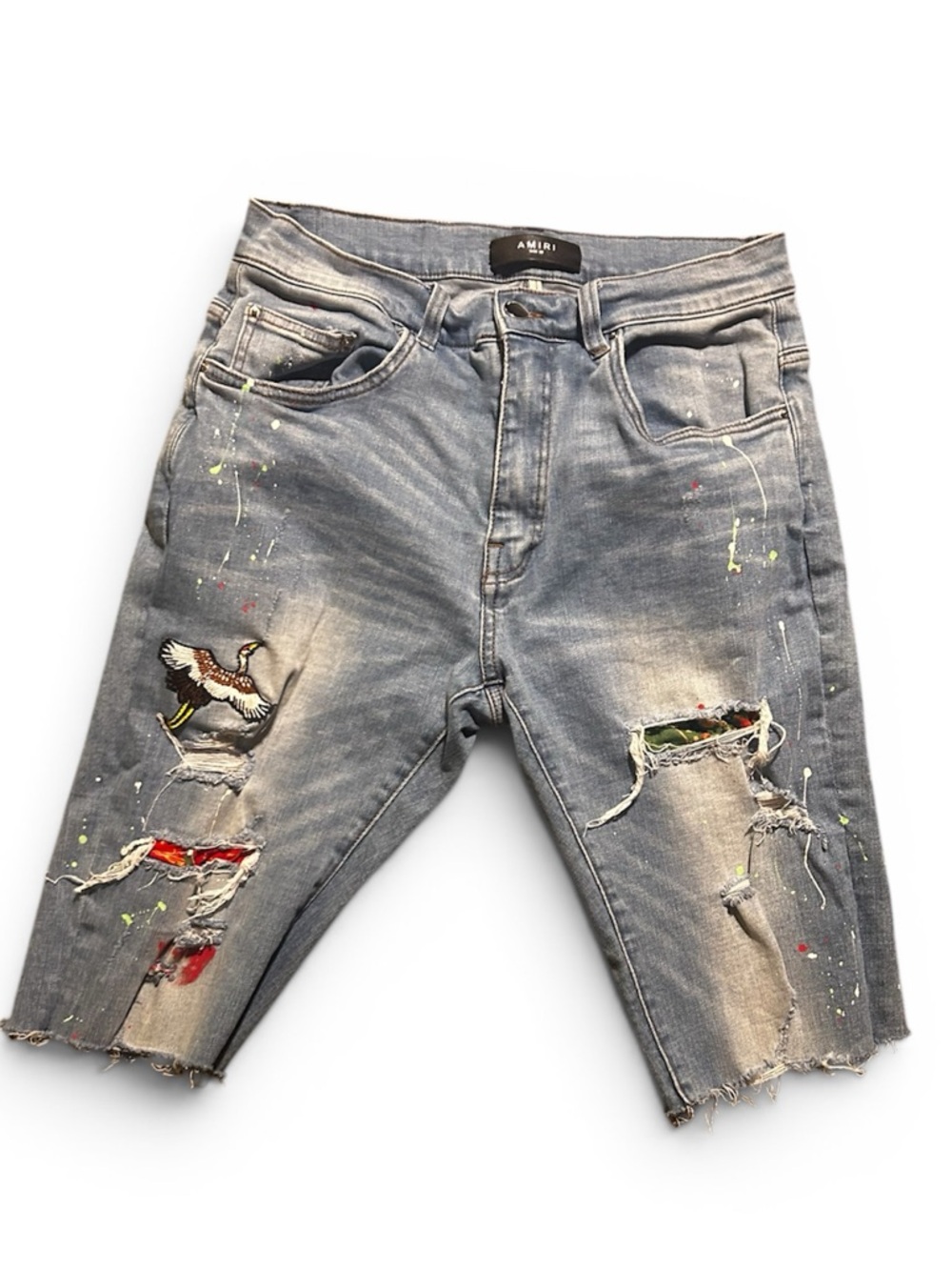 AMIRI Patchwork and Paint splatter Jean shorts